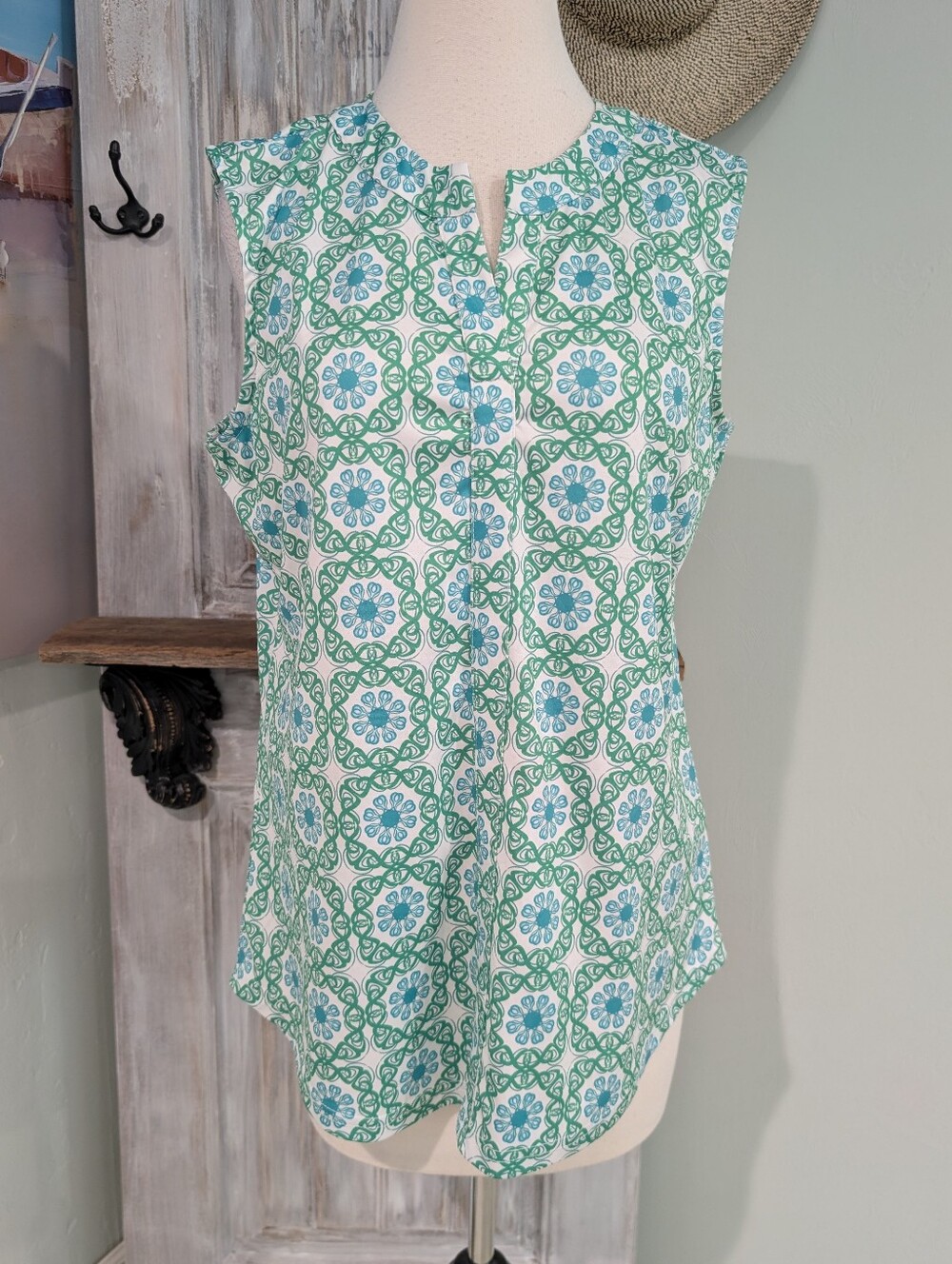 Tango Mango Sleeveless Green & Blue Floral Tile Print Tank Top